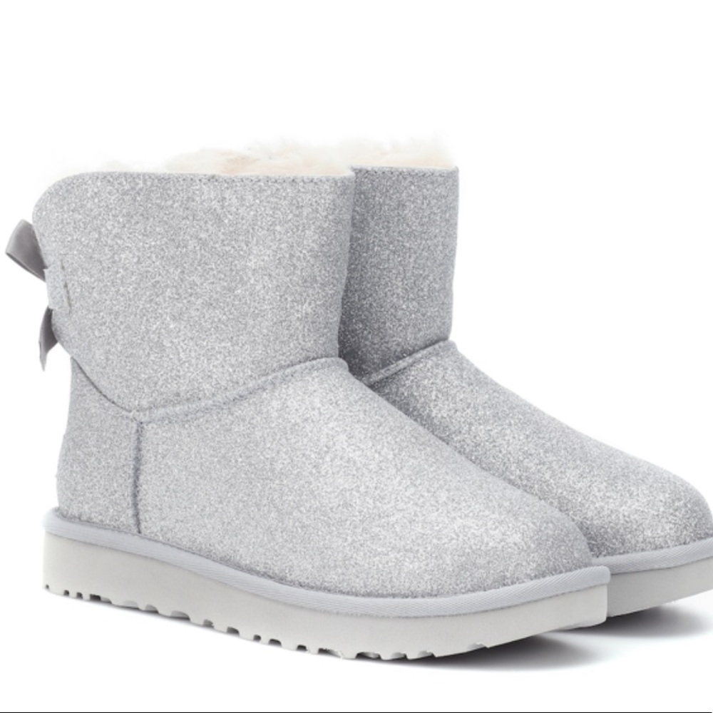 UGG Mini Bailey Bow Silver Sparkle Boots - Picture 2 of 15